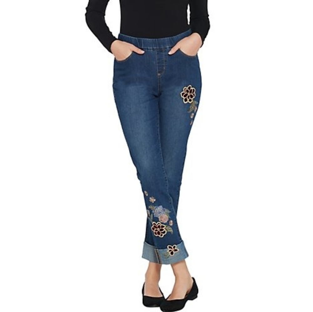 DENIM AND COMPANY EMBROIDERED ANKLE JEANS